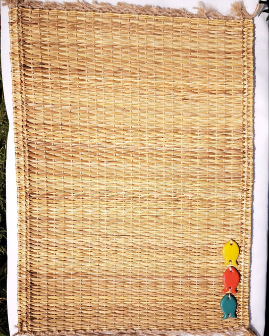 set de table fibres végétales décors faïence Bleu Orange Jaune vue de dessus