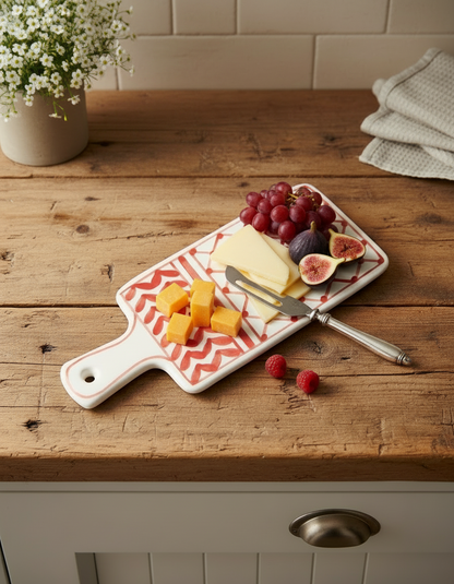 Planche de présentation en faïence, décor filet de pêche rouge. Mise en scène sur un plan de travail avec fromage et fruits
