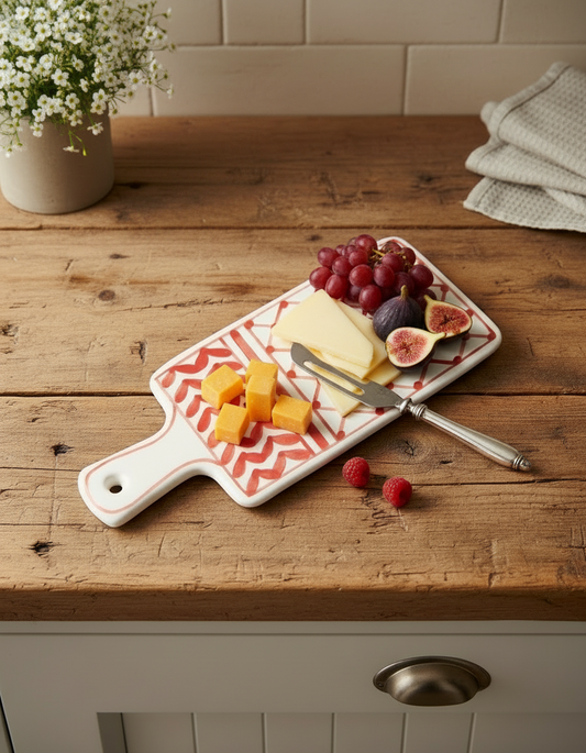 Planche de présentation en faïence, décor filet de pêche rouge. Mise en scène sur un plan de travail avec fromage et fruits