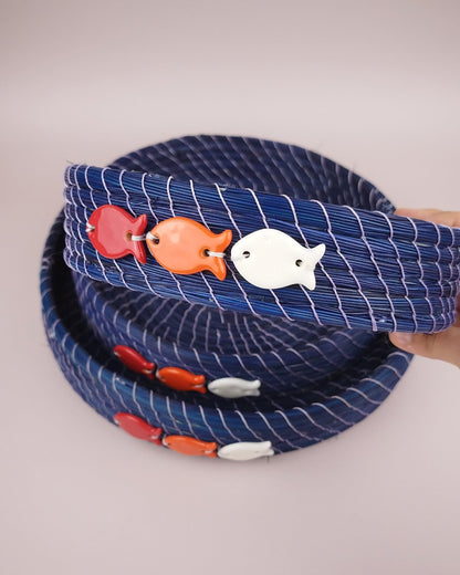 Plateau Jonc Bleu Décor Poissons Faïence Rouge Orange Blanc 20cm