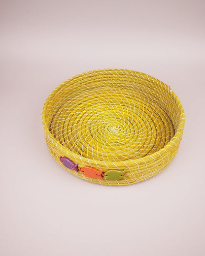 Plateau Jonc Jaune Décor Poissons Faïence Violet Orange Vert 25cm vue dessus