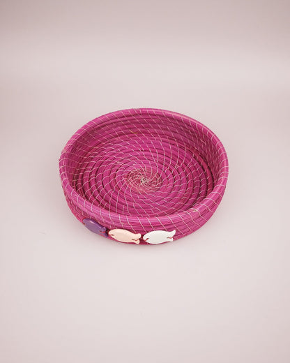 Plateau Jonc Rose Décor Poissons Faïence Violet Rose Blanc 20cm