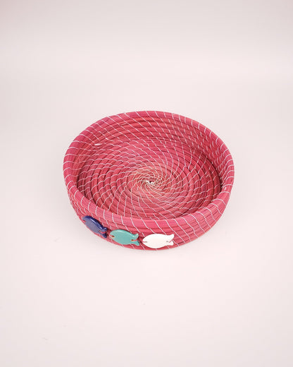 Plateau Jonc Rouge Décor Poissons Faïence Bleu Turquoise Blanc 20cm vue dessus