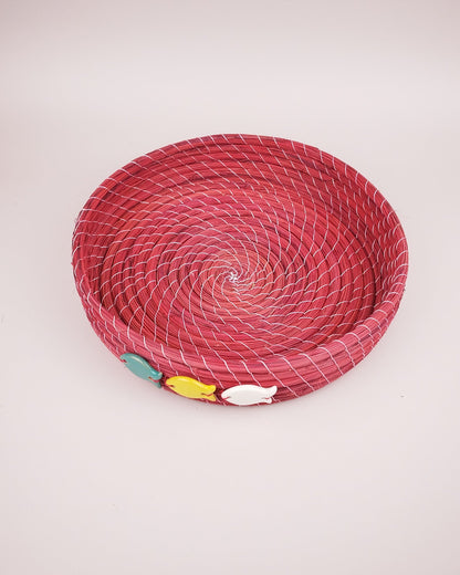 Plateau Jonc Rouge Décor Poissons Faïence Turquoise Jaune Blanc 25cm vue dessus