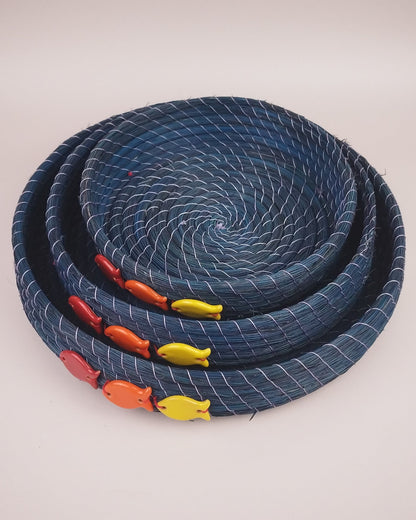 Set trois plateaux en jonc - Bleu
