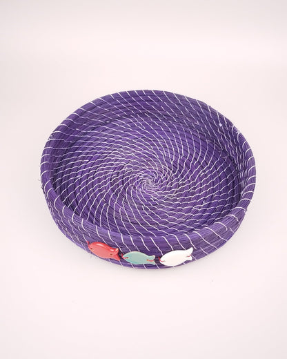 Plateau Jonc Violet Décors Poissons Rouge Bleu Blanc 29 cm