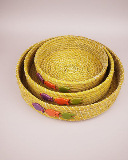 Sets 3 Plateaux Jonc Jaune Décor Poissons Faïence Violet Orange Vert