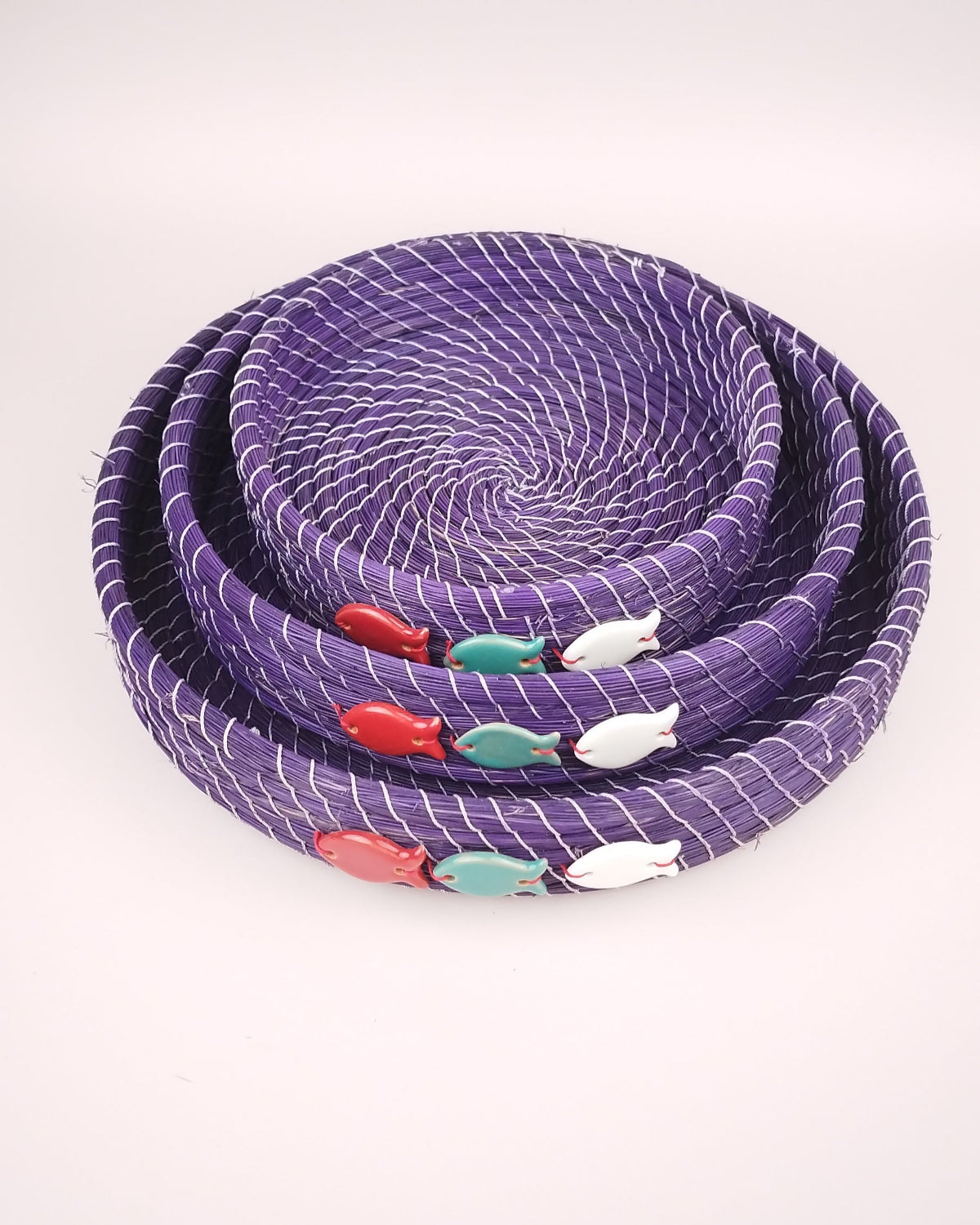 Set 3 Plateaux Jonc Violet Décors Poissons Rouge Bleu Blanc
