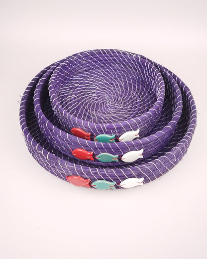 Set 3 Plateaux Jonc Violet Décors Poissons Rouge Bleu Blanc