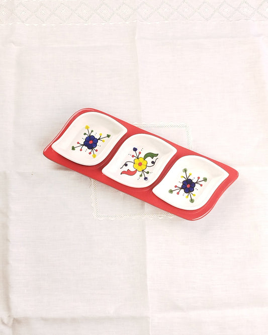 Set Apéritif en faïence ravier Feuilles - Base Rouge - Modèle 1 