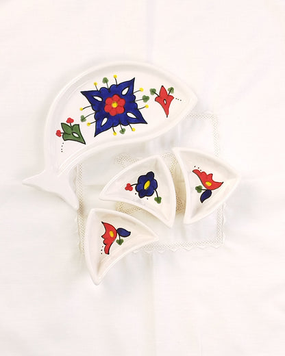 Set apéritif en faïence forme poisson avec 3 raviers modèle 3