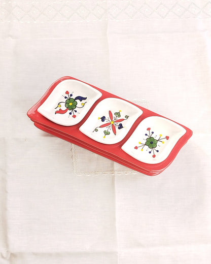 Set Apéritif en faïence ravier Feuilles - Base Rouge - Modèle 3